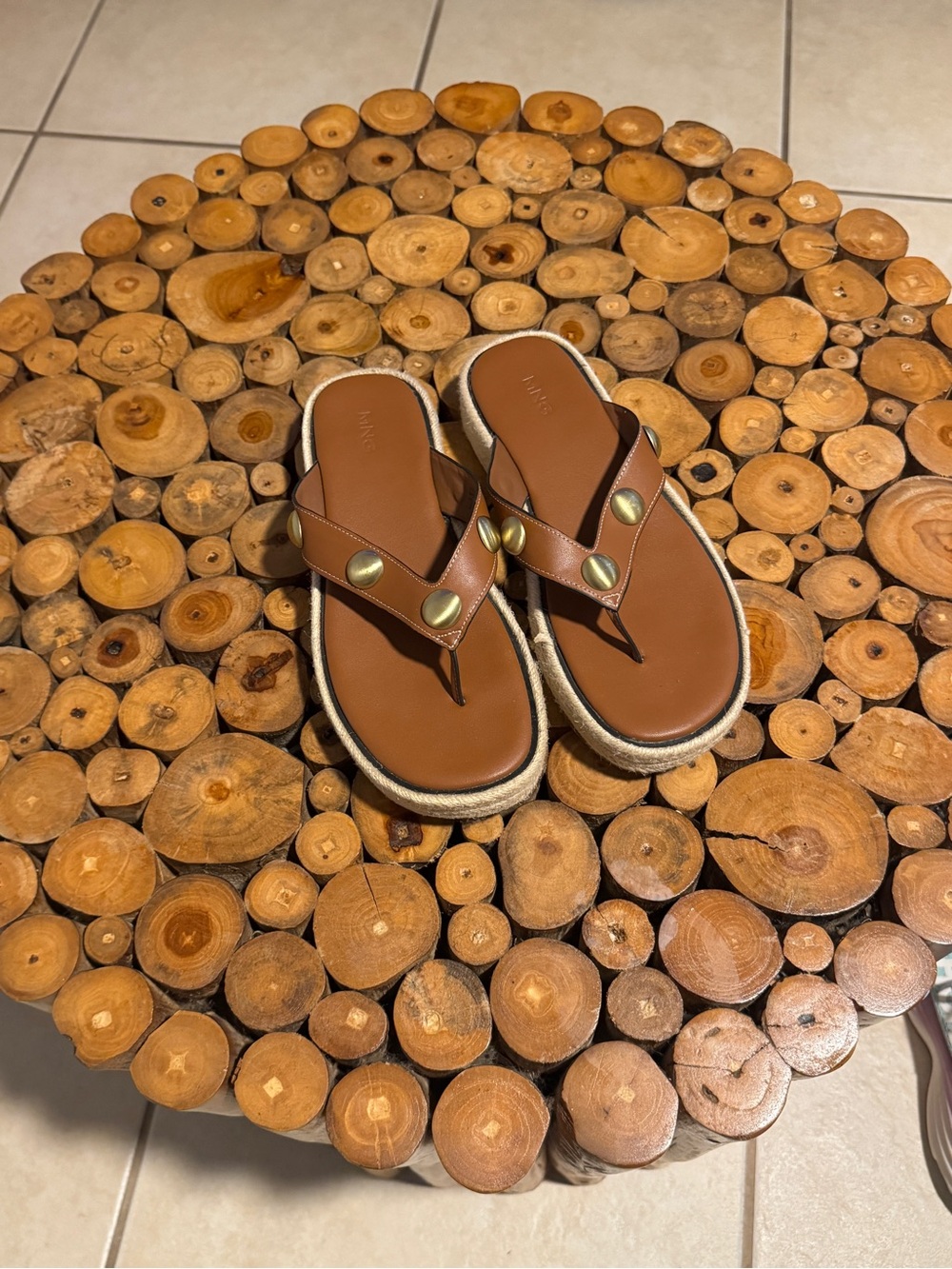 Mango Brown Leather Thong Sandals with Gold Studs